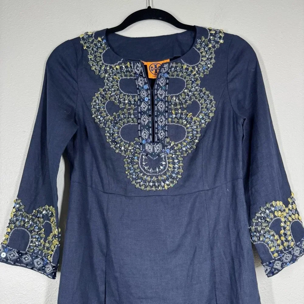 Tory Burch Navy Blue Beaded Linen Dress Embellished Vacation Women’s Size 0